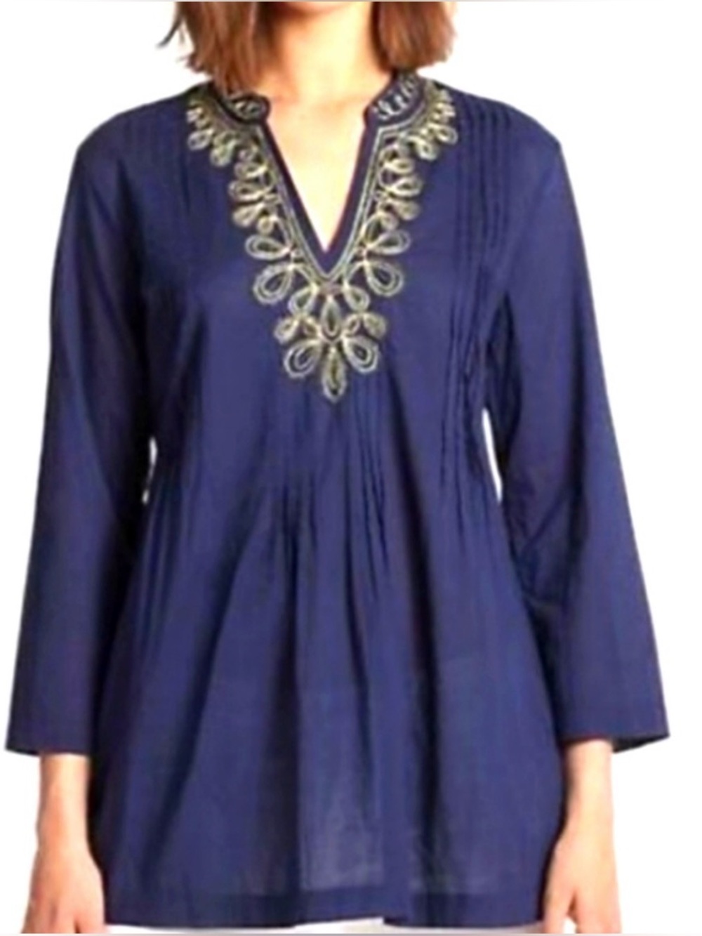 Lilly Pulitzer Sarasota Beaded Cotton Navy V‎ Neck Tunic Top Blouse Size Small